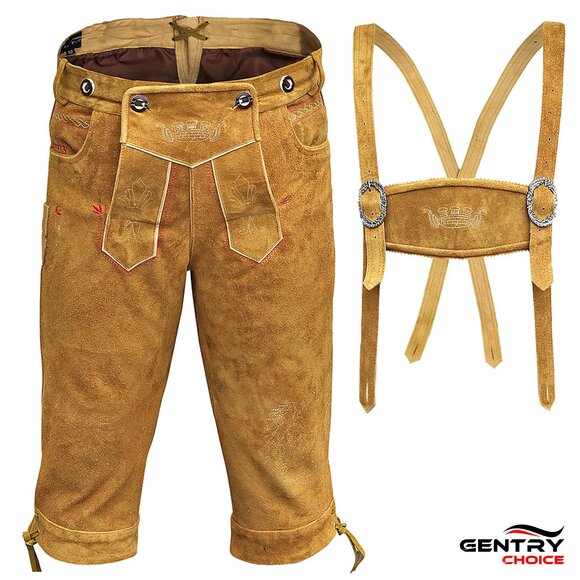 Men Authentic Lederhosen Golden Brown Oktoberfest Costume Leather Short NEW - Picture 1 of 5